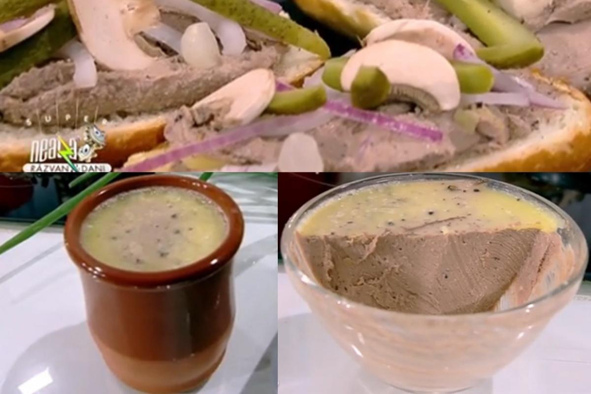 Colaj de poze cu prezentarea rețetei de mousse din ficat de pui cu ciuperci, preparată de chef Nicolai Tand