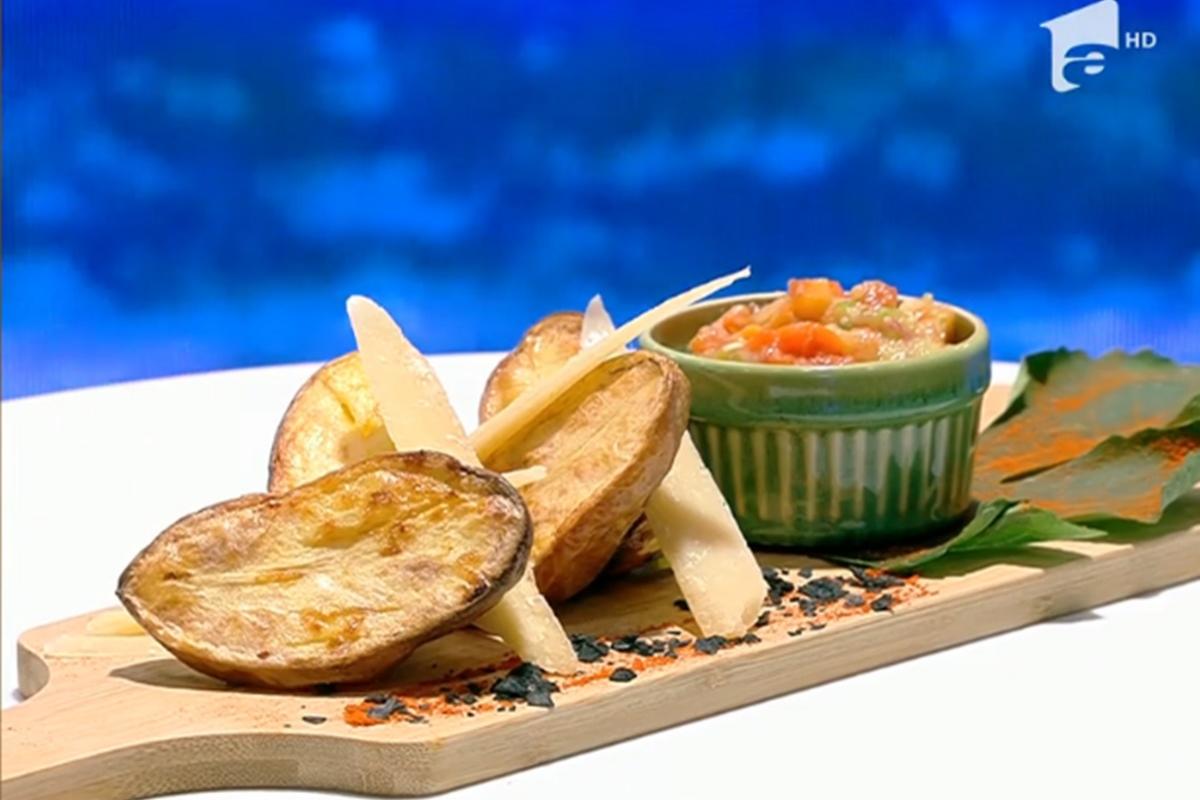 Cartofi copți serviți cu parmezan și sos de usturoi și legume