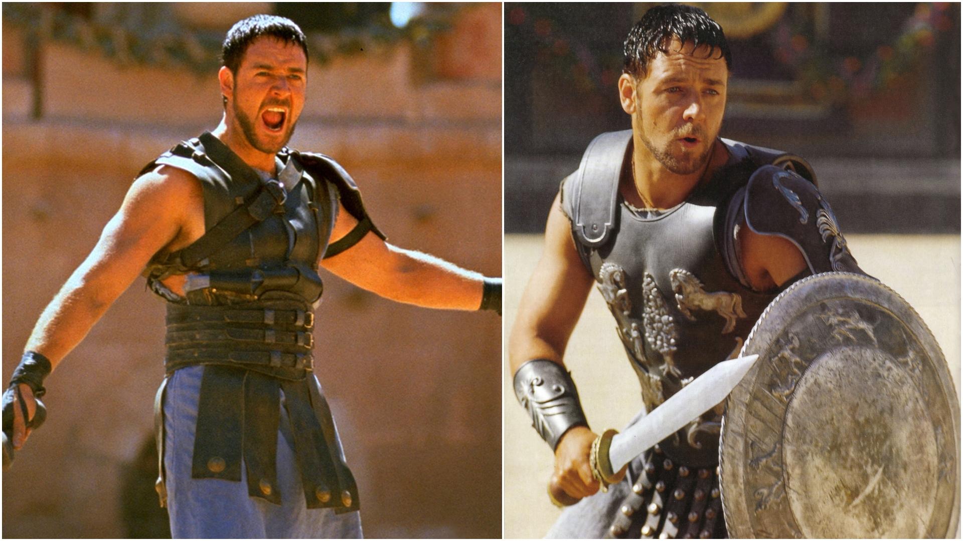 colaj russell crowe în gladiatorul. în prima poză e în arenă, îmbrăcat în armură, cu sabia în mână, și țipă. în a doua poză are sabia și scutul, în arenă, fundal cu nisip