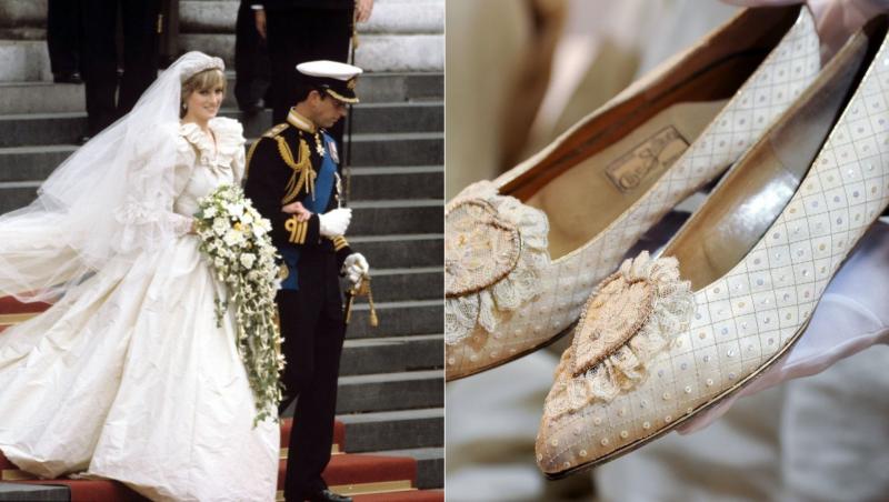 colaj de imagini cu rochia printesei diana si pantofii purtati la nunta cu printul charles