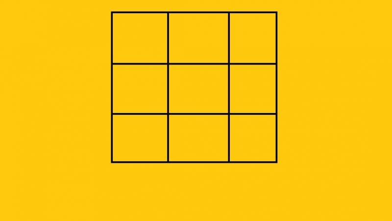 imagine cu un patrat impartit in 9 patrate mai mici, pe fundal galben
