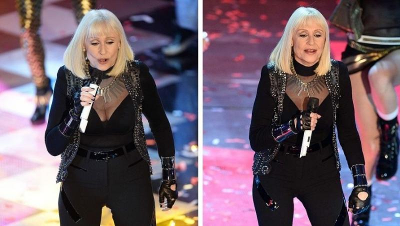Colaj foto. Raffaella Carra, "regina televiziunii italiene", pe o scenă, îmbrăcată într-un costum negru, are un microfon în mână