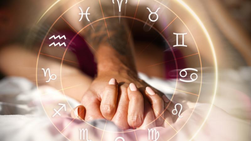 imagine cu mainile unui cuplu, in interiorul unui cerc cu cele 12 semne ale zodiilor din horoscop