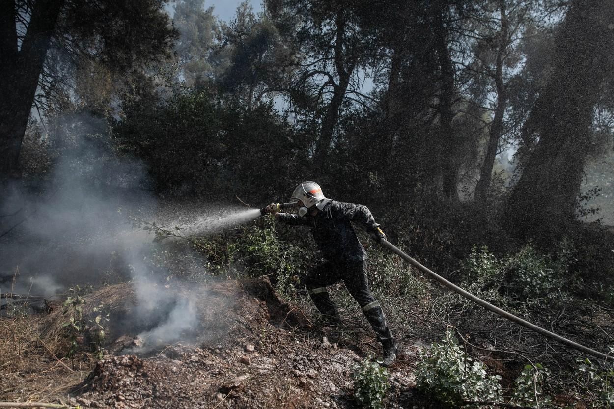 Pompier stingând flăcările din Grecia