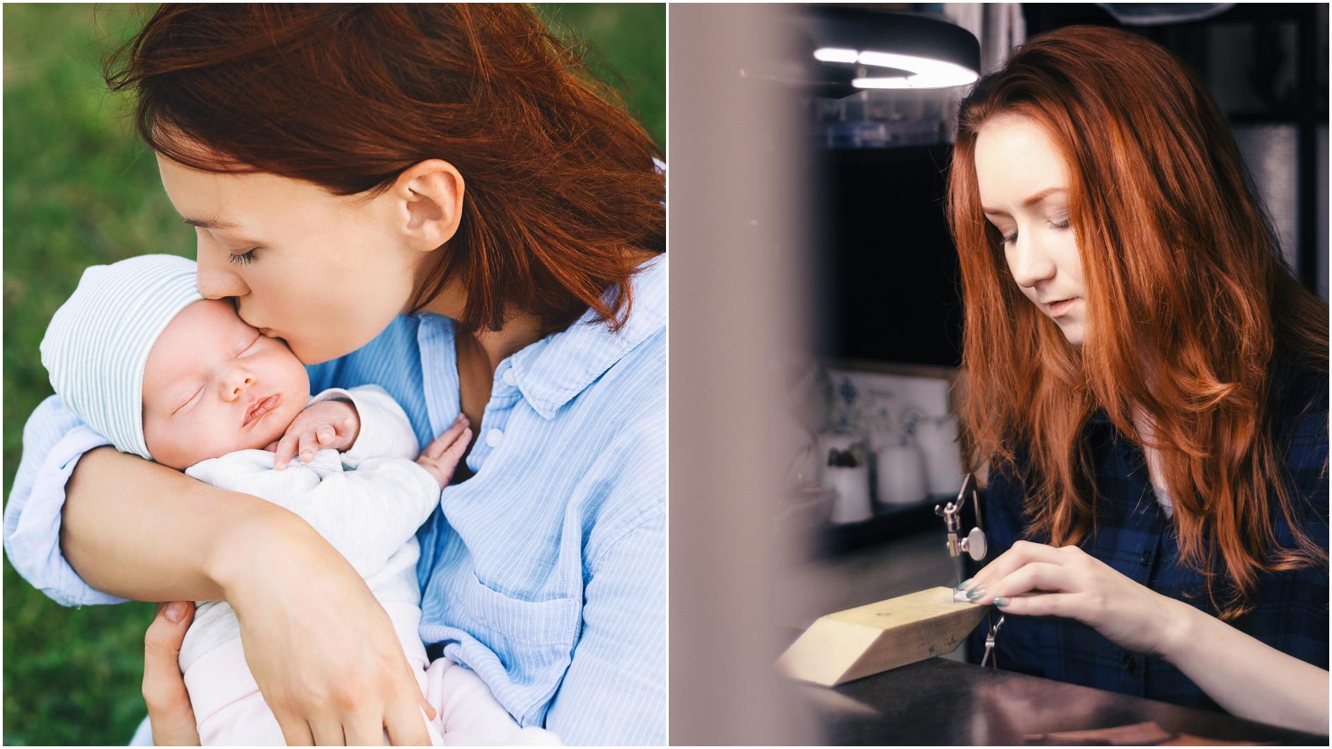 colaj femeia care face bijuterii din lapte matern. în prima poză, femeie în albastru care ține bebeluș în brațe, în a doua, femeie cu ărul roșu care face bijuterii
