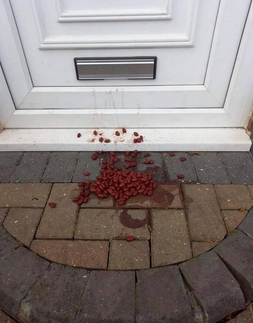 imaginea postata pe facebook de Maria Celino-Straker, cu fasolea aruncata pe usa