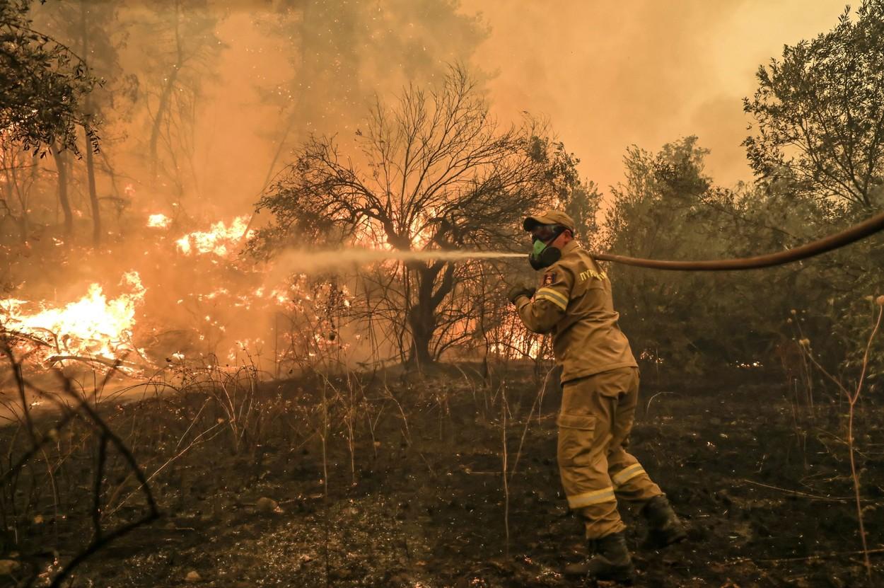 Pompier intervenind să stingă incendiile de vegetație din Grecia, 8 august 2021