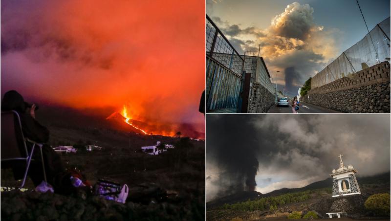 Colaj de fotografii cu erupția vulcanului din insula spaniolă La Palma și nor toxic de fum