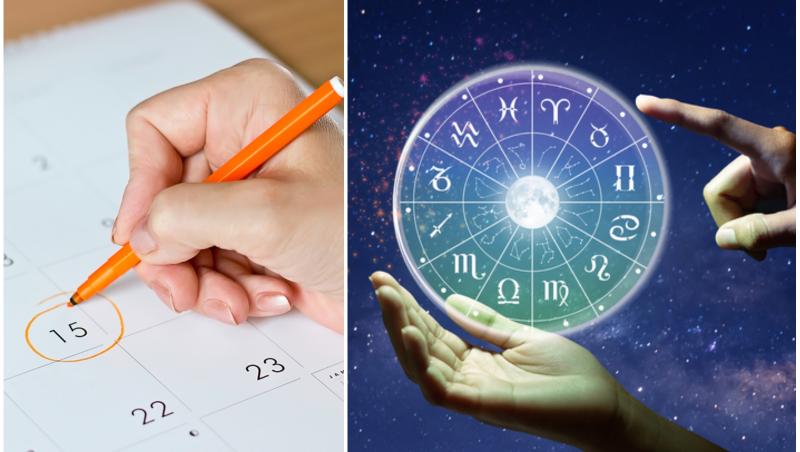 colaj foto cu o mana ce noteaza o zi in calendar (stanga) si un cerc cu cele 12 zodii din horoscop (dreapta)