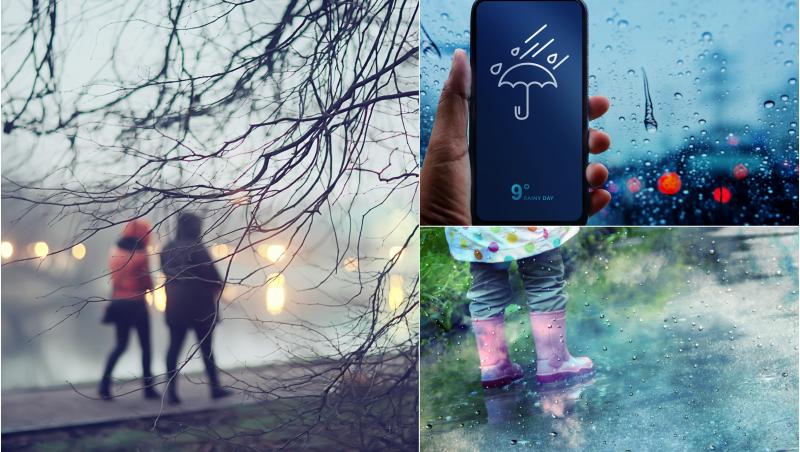 colaj de fotografii cu două persoane care se plimba, un telefon cu prognza meteo si un copil in ploaie