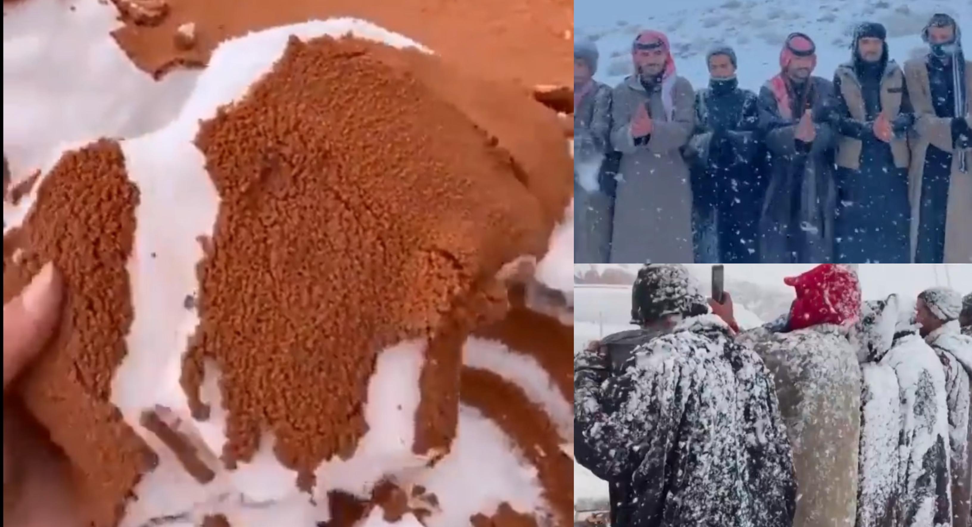 colaj de fotografii cu ninsoarea din arabia saudită și loclanicii în tim ce dansează de bucurie că ninge