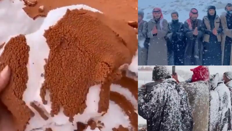 Munţii Tabuk, din Arabia Saudită, au fost acoperiţi de zăpadă în primele zile ale noului an, după ce temperatura a scăzut brusc în regiune, iar imagini cu fenomenul au devenit virale.