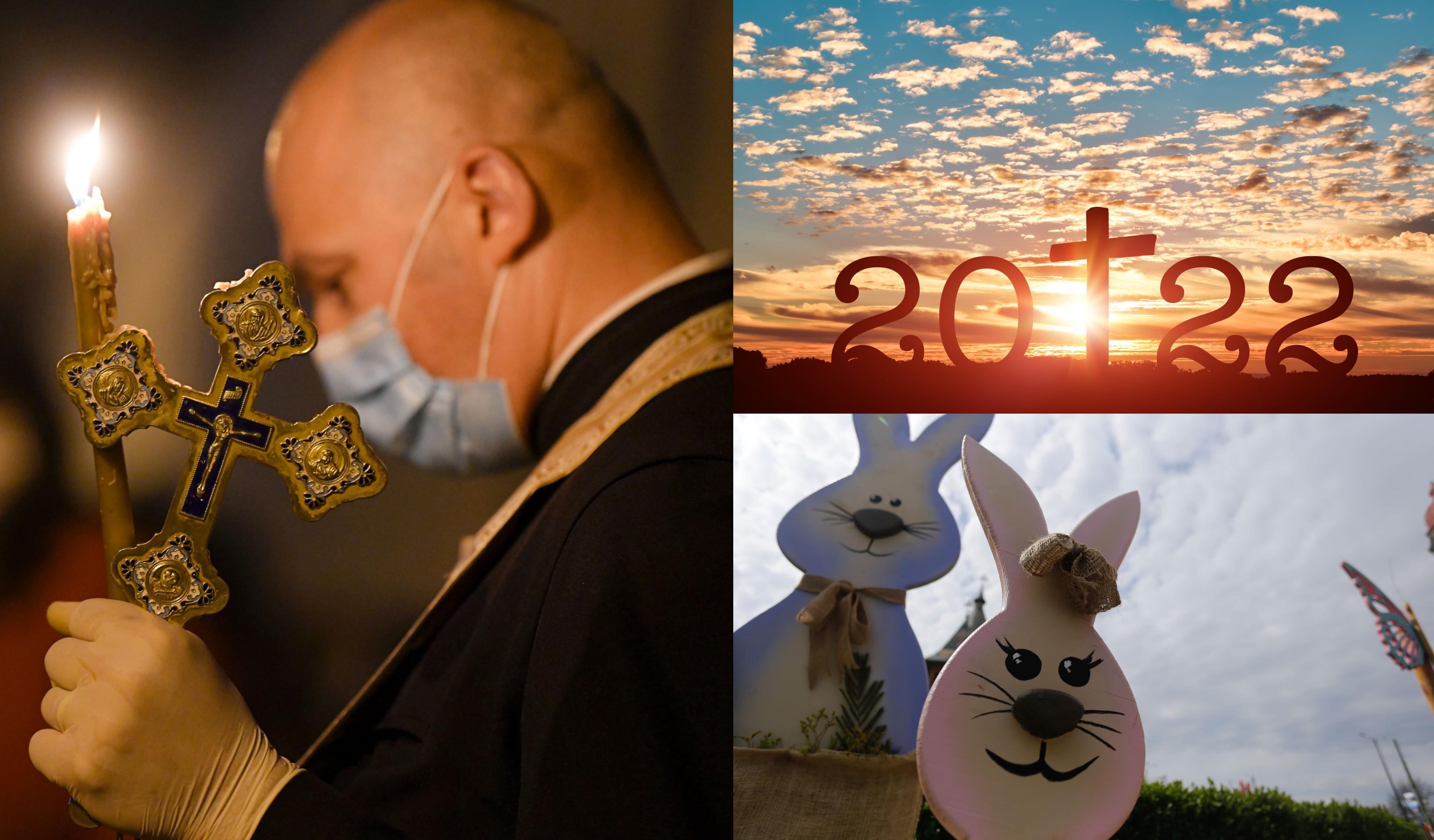 colaj de fotografii cu un preot cu cruce si lumanare in mana, apus cu anul 2022 și iepuri figurine de paste 2022