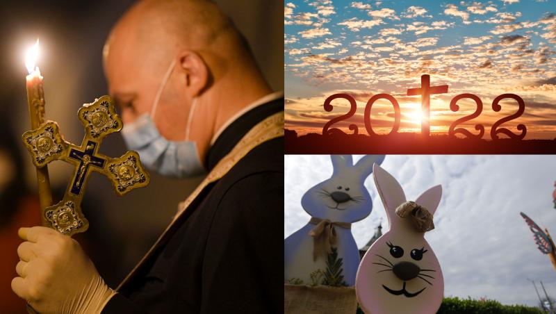 colaj de fotografii cu un preot cu cruce si lumanare in mana, apus cu anul 2022 și iepuri figurine de paste 2022
