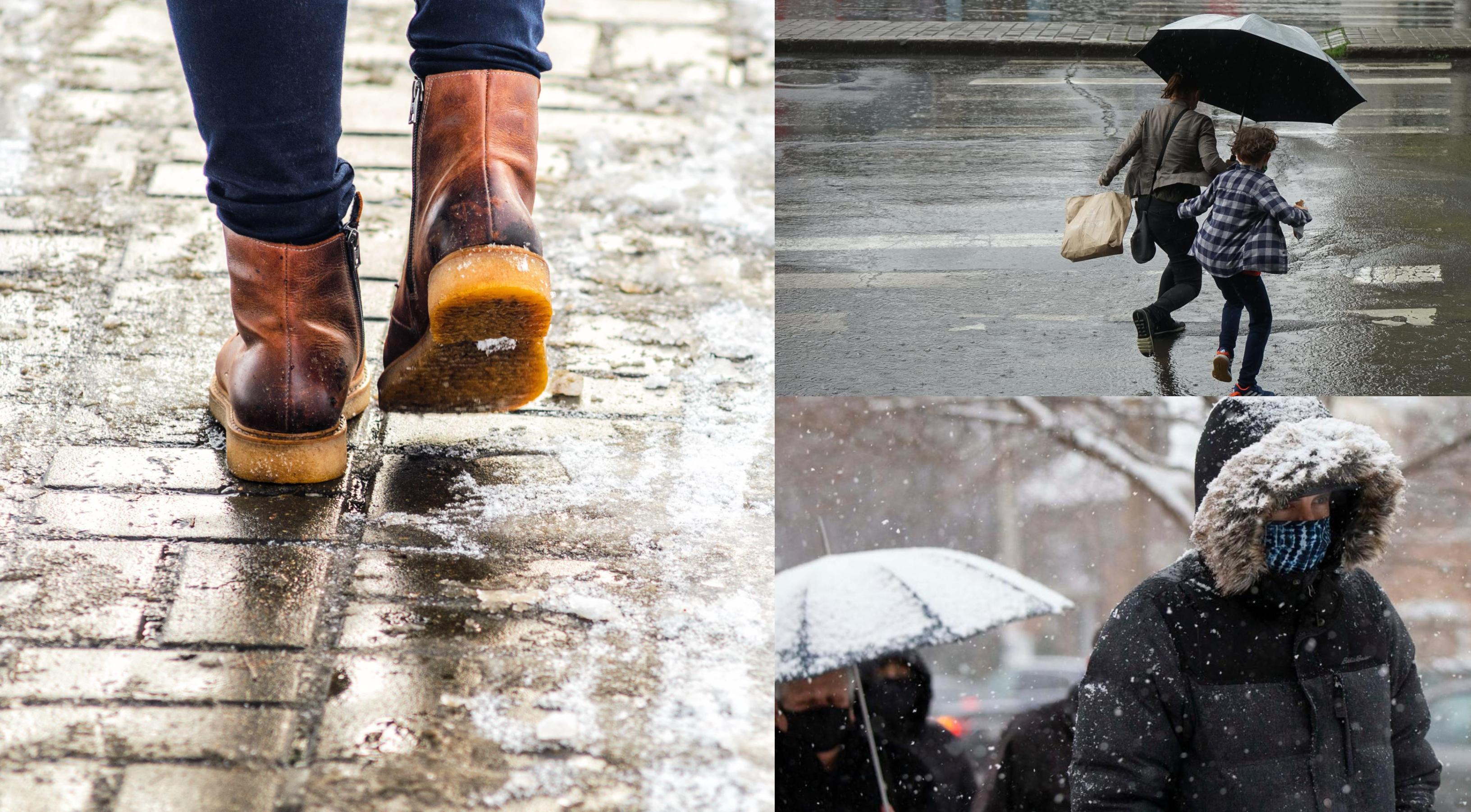 colaj de fotografii cu asfaltul pe care s-a asternut ninsoarea si oameni care trec prin zapada
