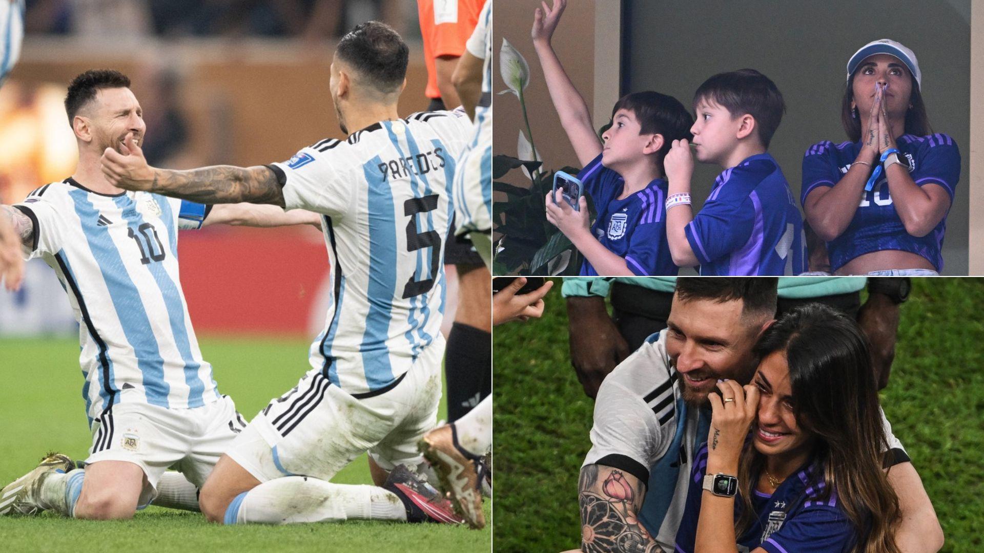 colaj de imagini cu messi, antonela si copiii lor la finala cupei mondiale, argentina franta