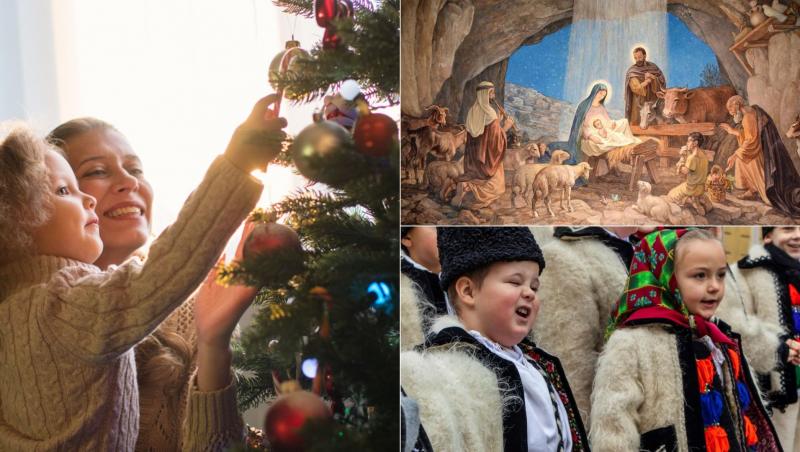 colaj de imagini cu o mama si un copil care impodobesc bradul si traditii, obiceiuri in ajunul craciunului, 24-25-26 decembrie