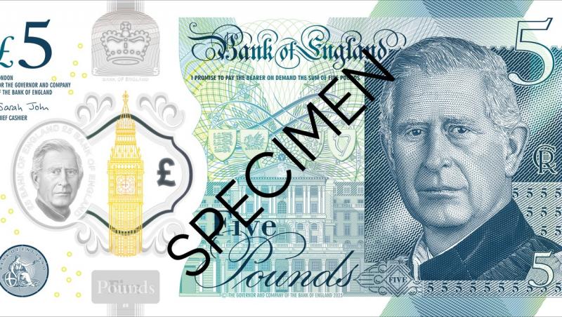 Cum arată noile bancnote cu chipul Regelui Charles al III-lea. Primele imagini făcute publice de Banca Angliei