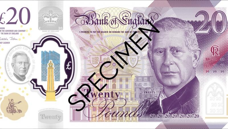 Cum arată noile bancnote cu chipul Regelui Charles al III-lea. Primele imagini făcute publice de Banca Angliei