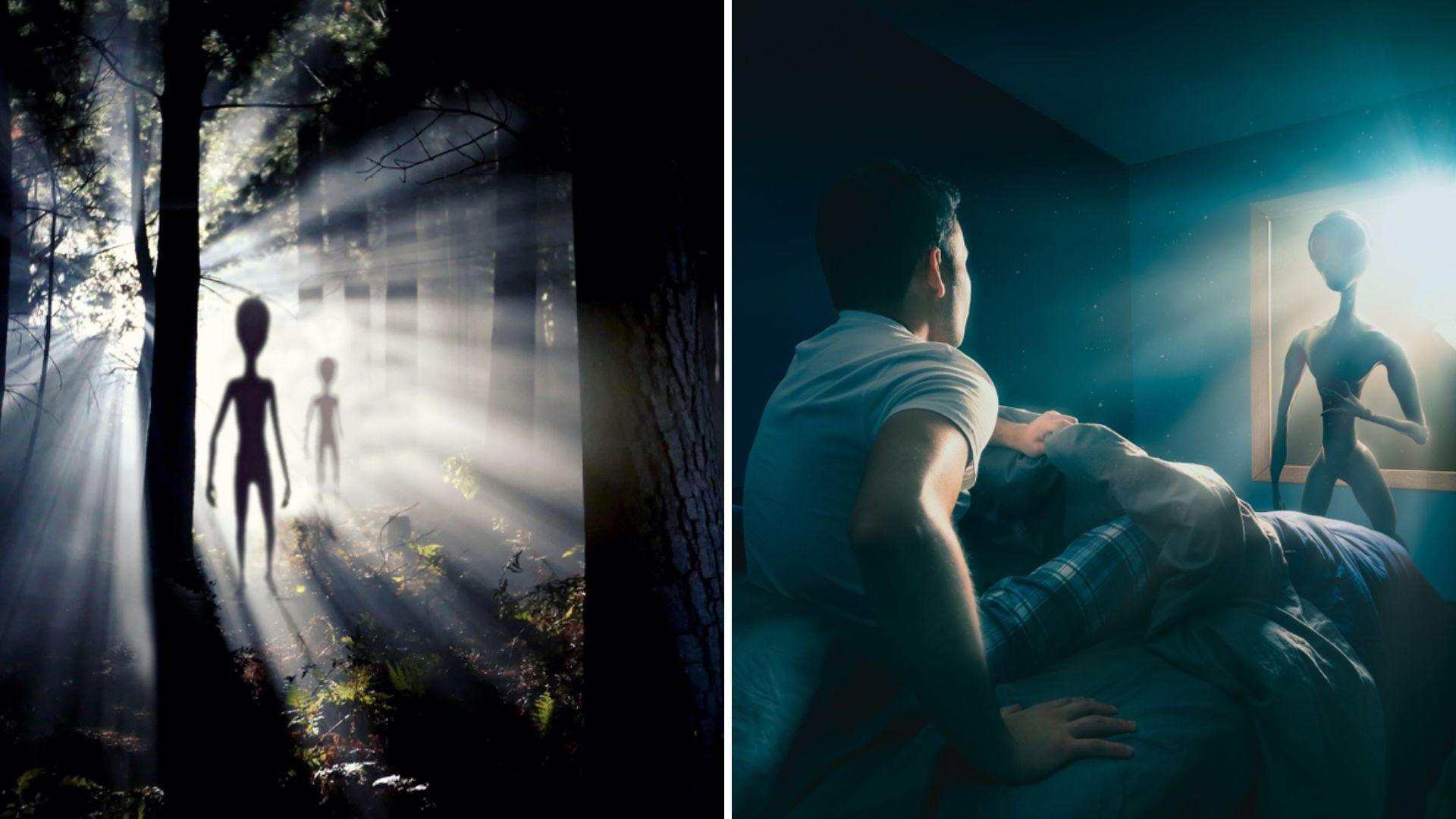 Un colaj cu două fotografii: o pădure sinistră cu mai multe entități extraterestre și un bărbat care se află în pat îmbrăcat în pijamale, multă lumină și un extraterestru