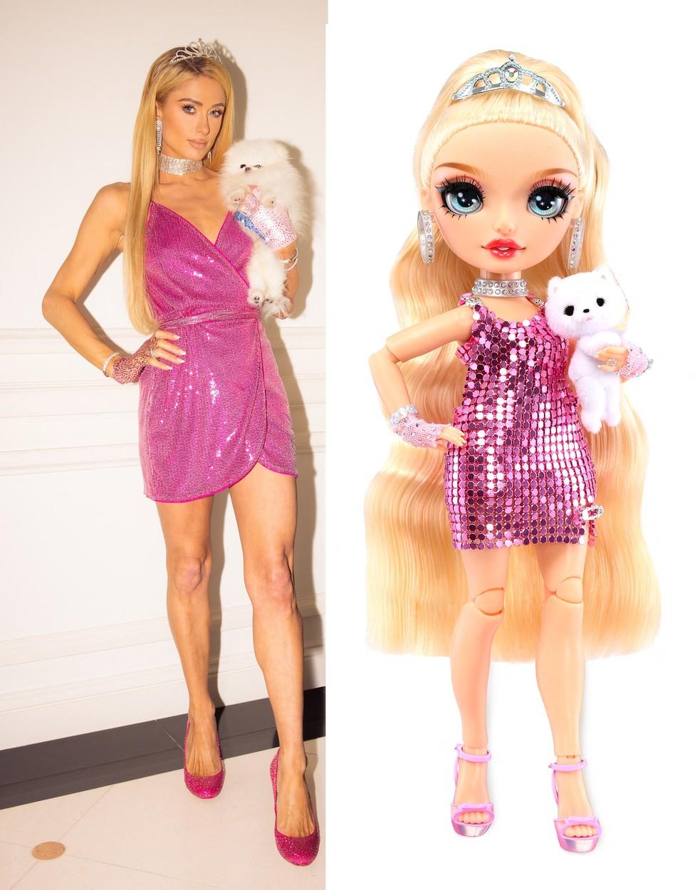 Un colaj cu Paris Hilton reală și varianta sa păpușă, ambele purtând o ținute roz