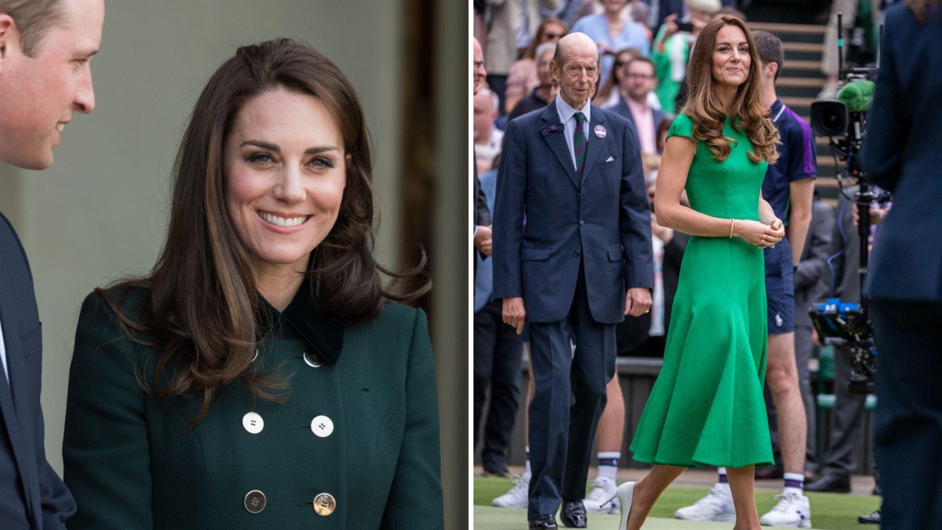 Kate Middleton, îmbrăcată cu o rochie verde în ambele imagini