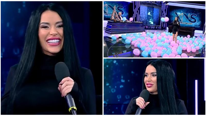 Colaj cu Daniela Crudu într-o rochie neagră, în emisiunea lui Dan Capatos, înconjurată de baloane albastre și roz