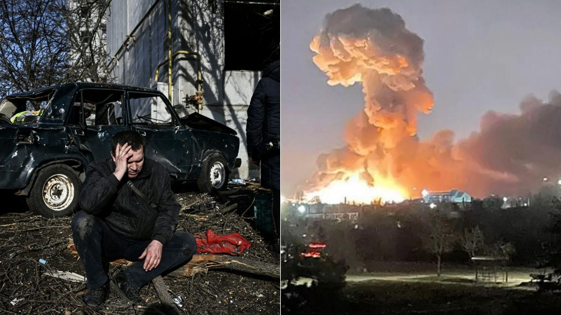 colaj de imagini cu un barbat care plange si o explozie provocata de racheta rusiei in ucraina
