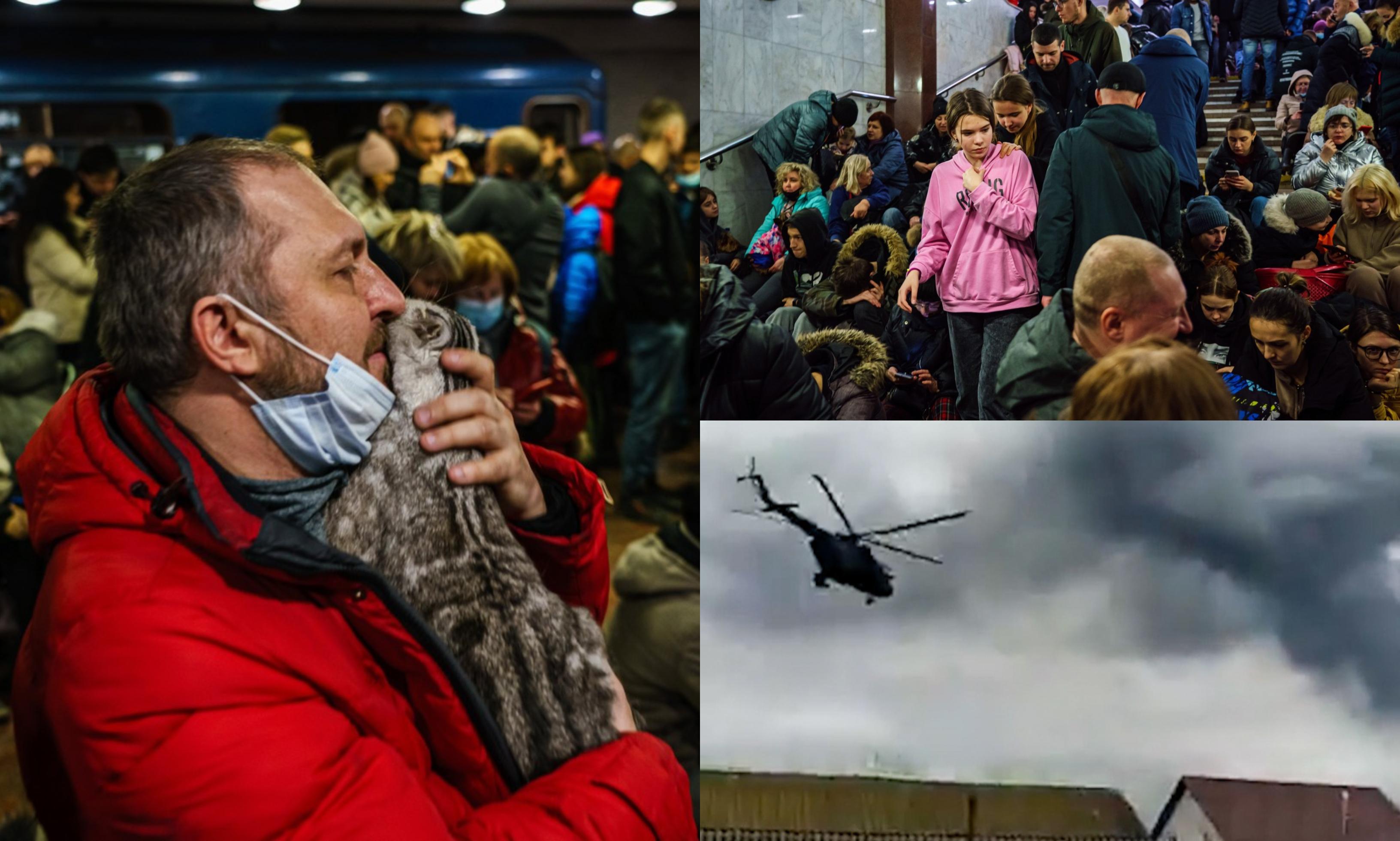 colaj de fotogrfaii cu ucraineni care se refugiază la gurile de metrou din cauza razboilui declansat de rusia in ucraina