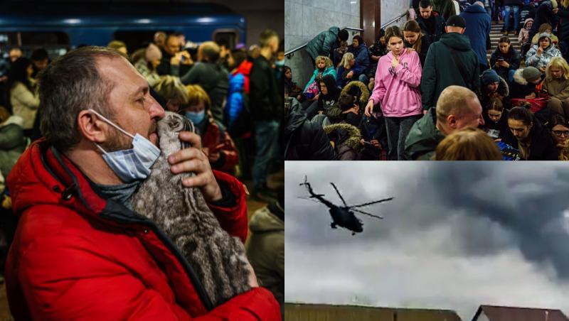 Colaj de fotografii cu ucraineni care se refugiază la gurile de metrou - 24 februarie