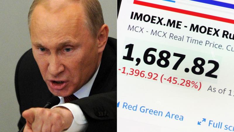 colaj de imagini cu vladimir putin si indicele moex al rusiei