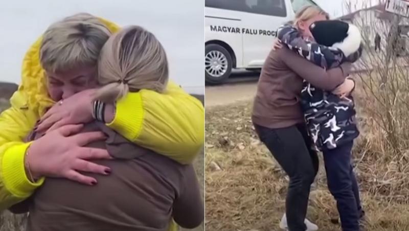 colaj de imagini cu doua mame ucrainence care se imbratiseaza la granita cu ucraina