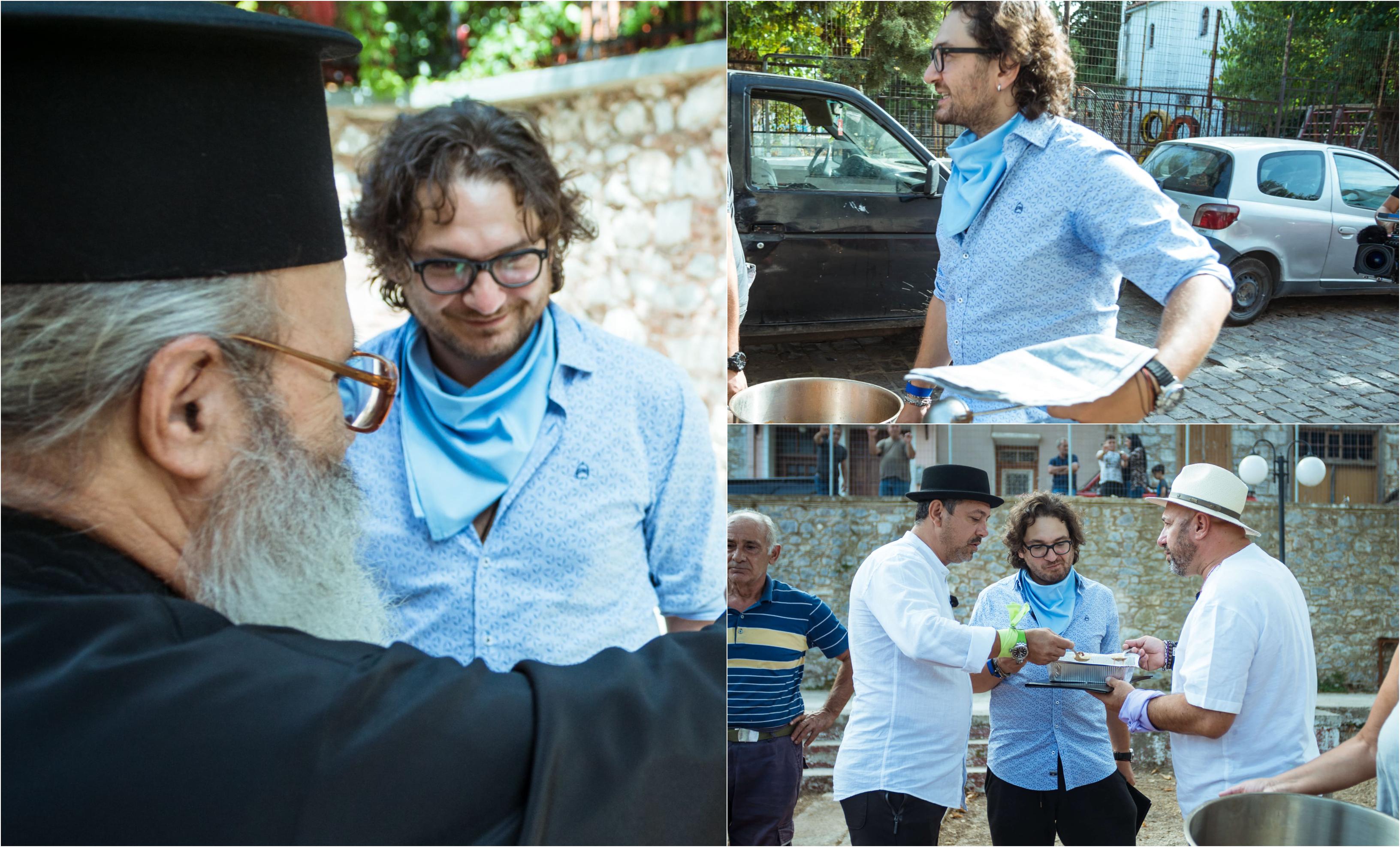 colaj de fotografii cu chef  Florin Dumitrescu cinecuvântat de un preot din Lesbos