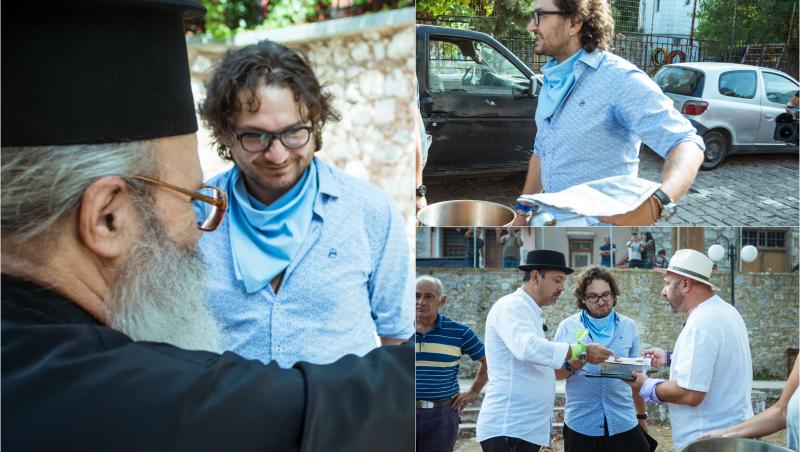colaj de fotografii cu chef  Florin Dumitrescu cinecuvântat de un preot din Lesbos