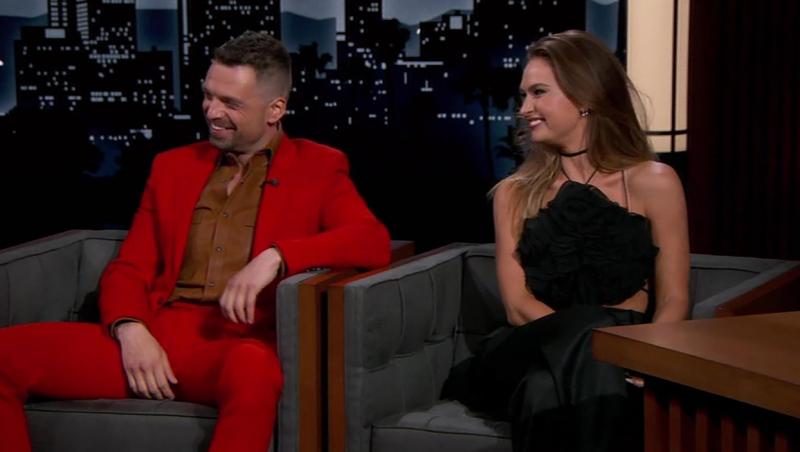 Sebastian Stan si Lili James în platou la Jimmy Kimmel Live Show