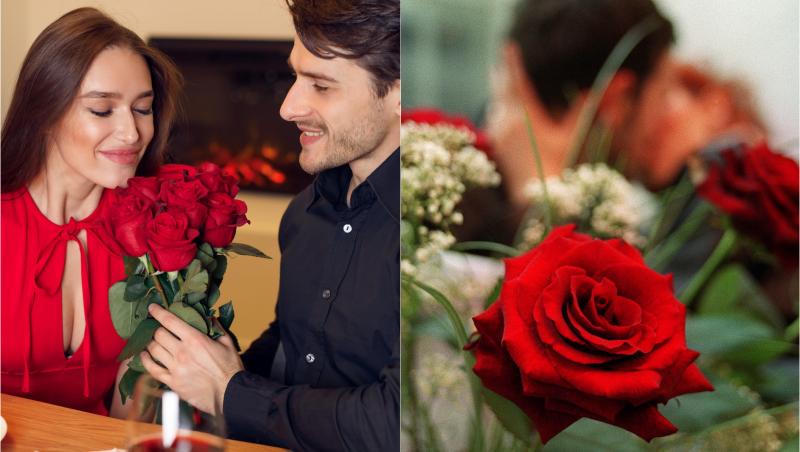 colaj de fotografii cu un cumplu care își foera trandafiri rosii de ziua indragostiților - valentine's day