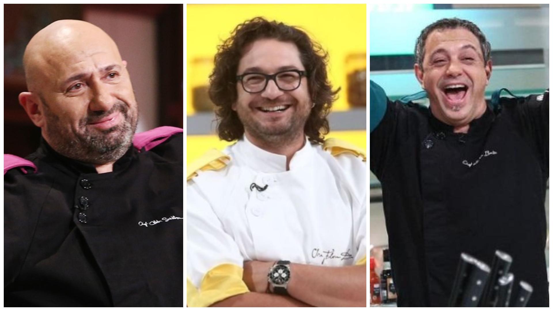 Chefii Florin Dumitrescu, Sorin Bontea și Cătălin Scărlătescu, în platoul emisiunii Chefi la cuțite, gătind