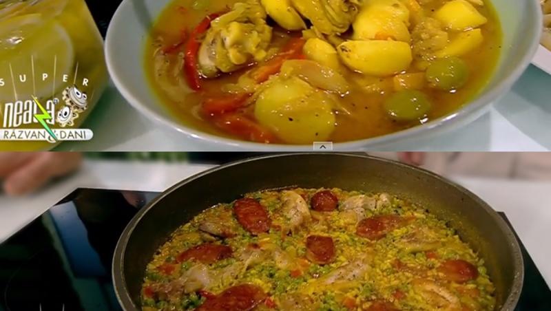 Colaj de poze cu preparatele ”Tajine de pui și paella cu pui și chorizo”