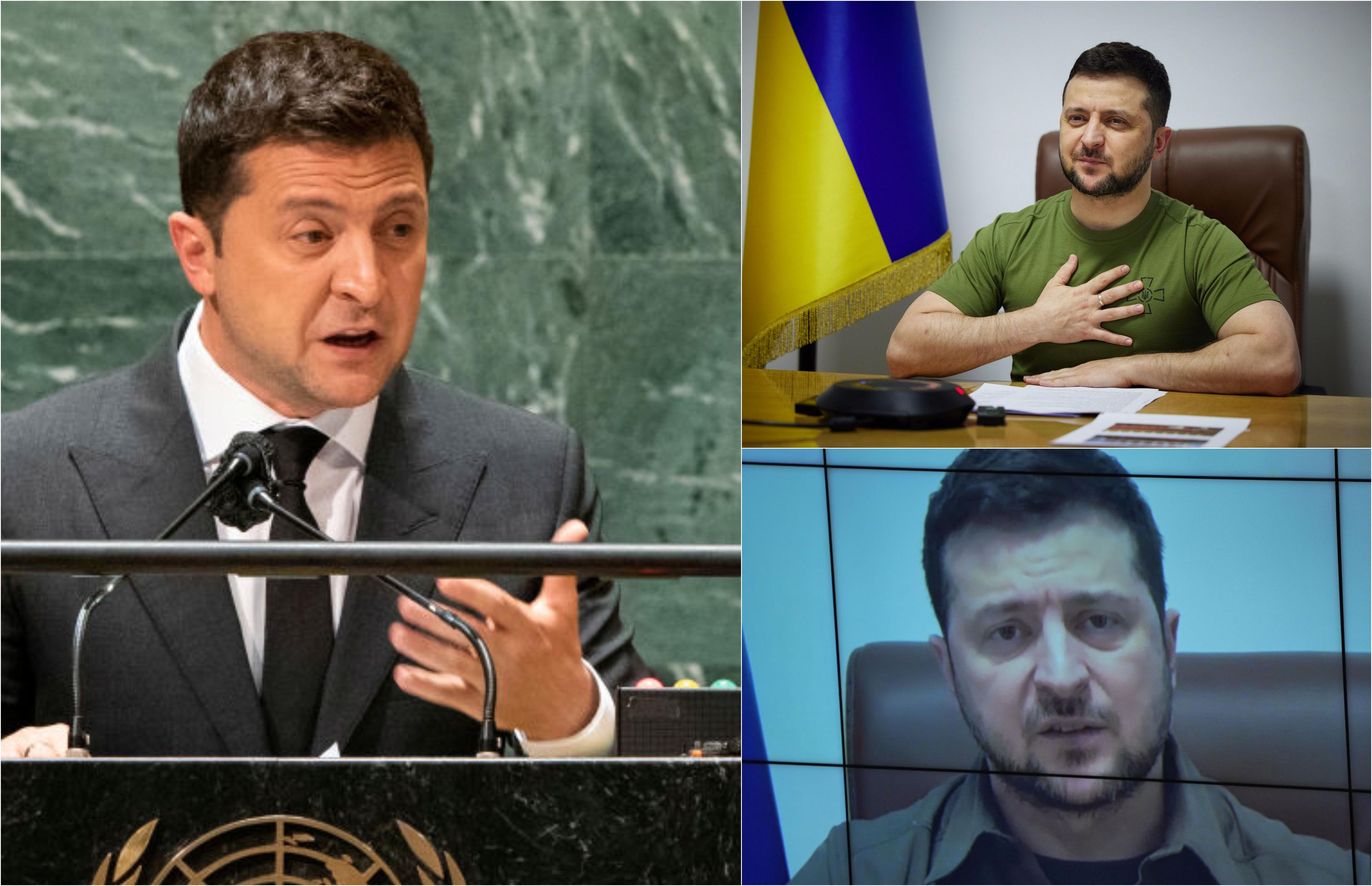 colaj de fotografii cu presedintele ucrainei la custum albastru volodimir zelensky
