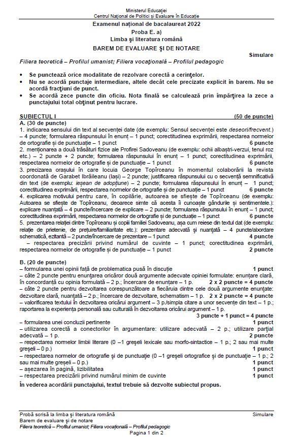 baremul de verificare si corectare de la proba la romana la simulare bacalaureat 2022