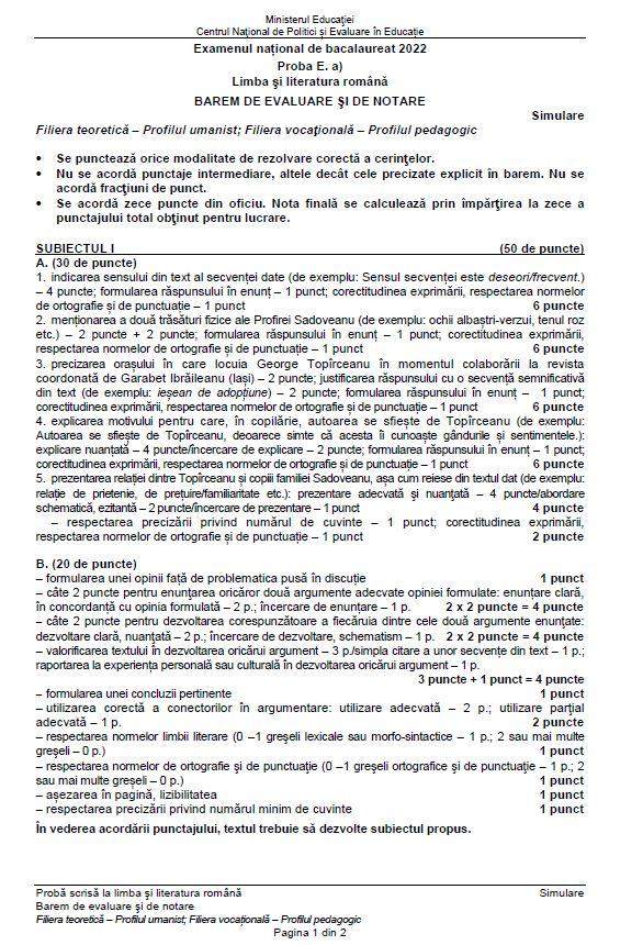 barem de evaluare la limba romana la simulare bacalaureat 2022 cu exercitii si punctaj