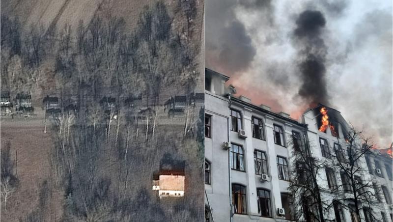 Colaj de fotografii cu invazia armatei ruse în Ucraina si clădire din Kiev în flăcări