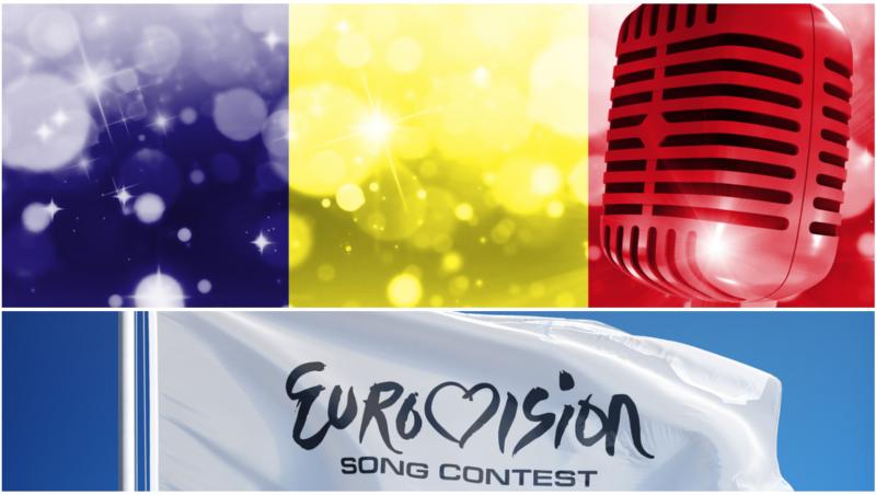 Colaj cu steagul României și un steag alb pe care scrie Eurovision