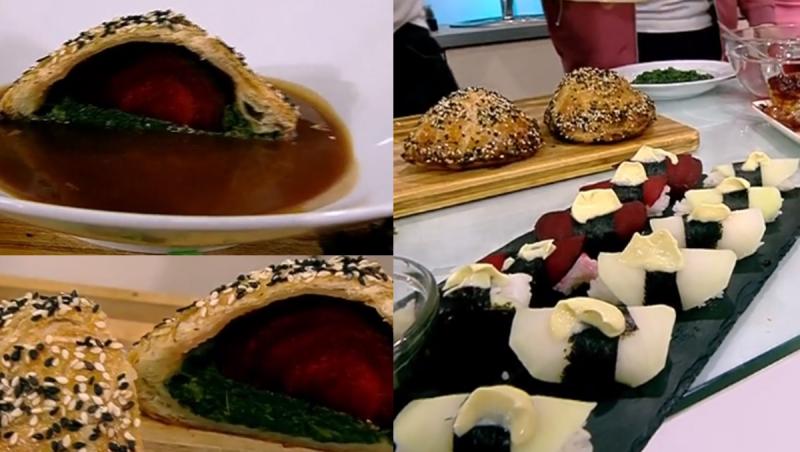 Colaj de poze cu preparatele de post: sfeclă wellington și sushi de post