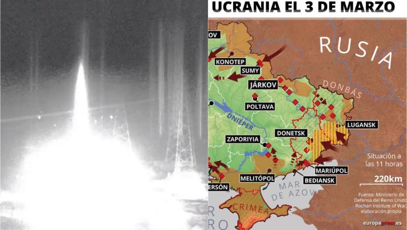 colaj de fotogrfaii cu incendiul de la centrala nucleara Zaporijie și harta atacurilor armatei ruse in ucraina