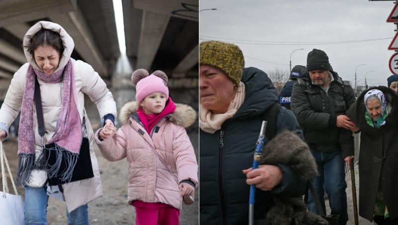 colaj de imagini cu civili din ucraina care sunt evacuati pe coridoarele umanitare