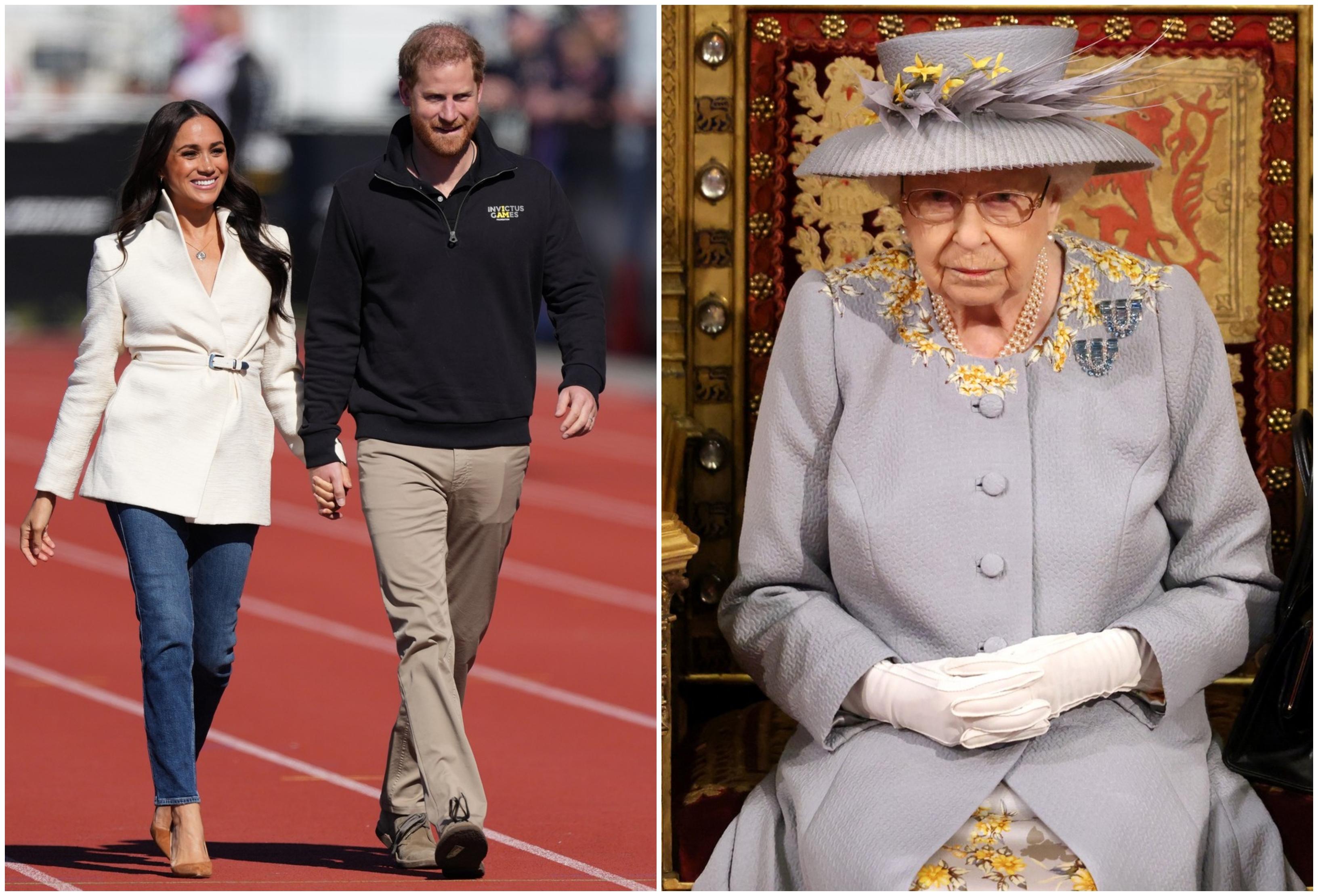 colaj foto cu Prințul Harry și Meghan Markle la jocurile invinctus și cu regina elisabeta pe tron
