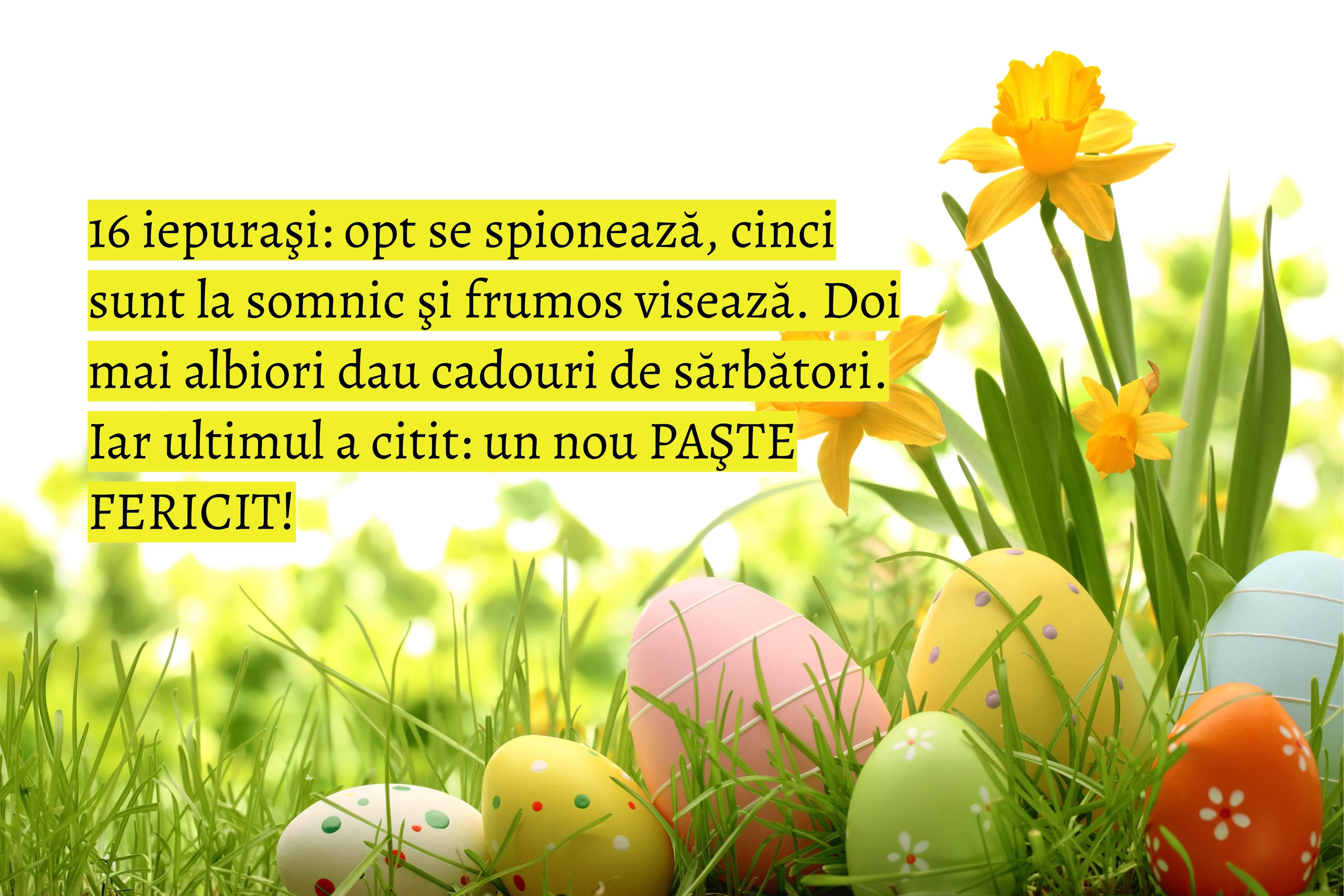 felicitare cu flori si oua de paste si cu urare de paste fericit 2022