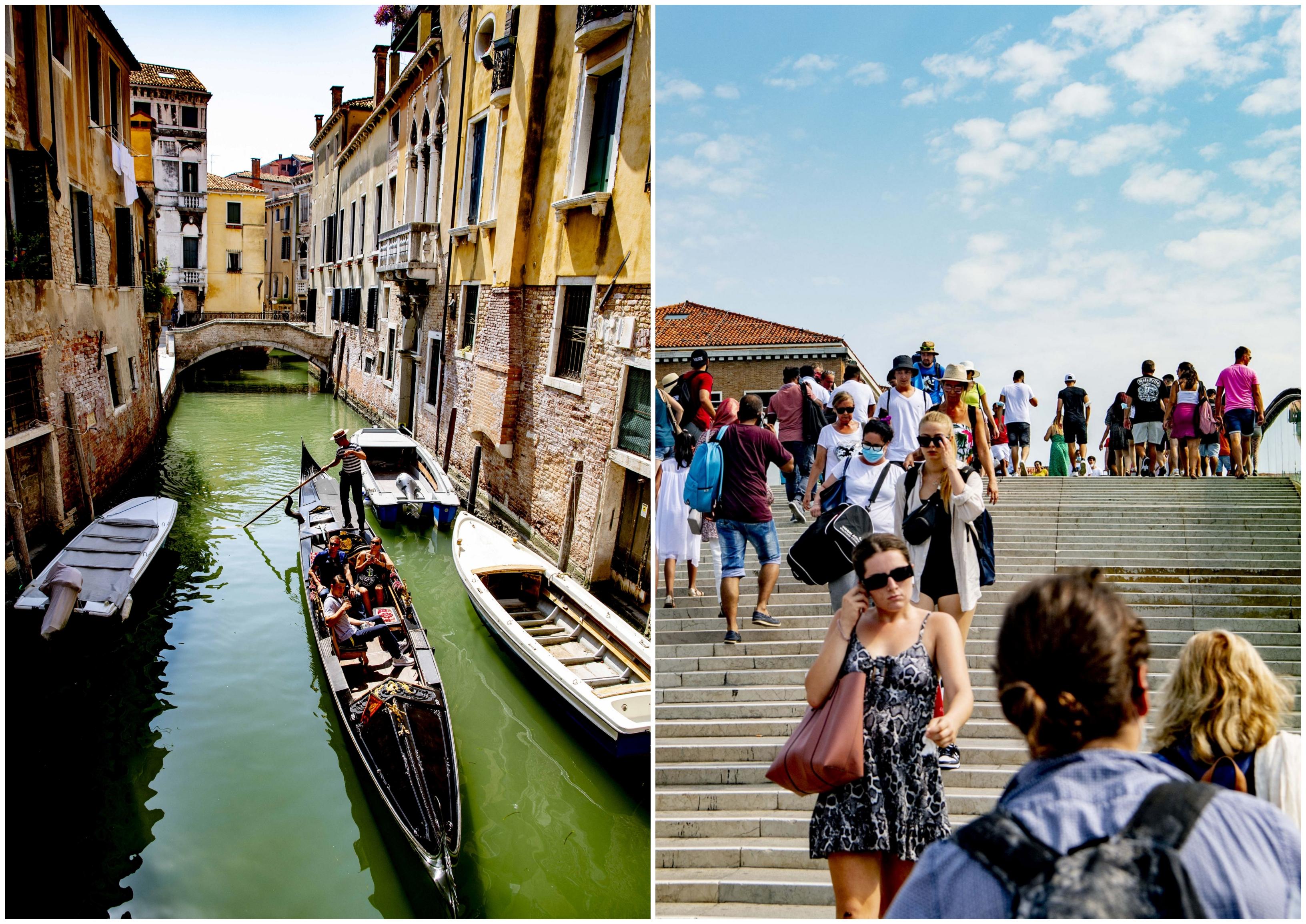 colaj foto cu un canal din centrul orasului ventia si o poza cu turisti in venetia
