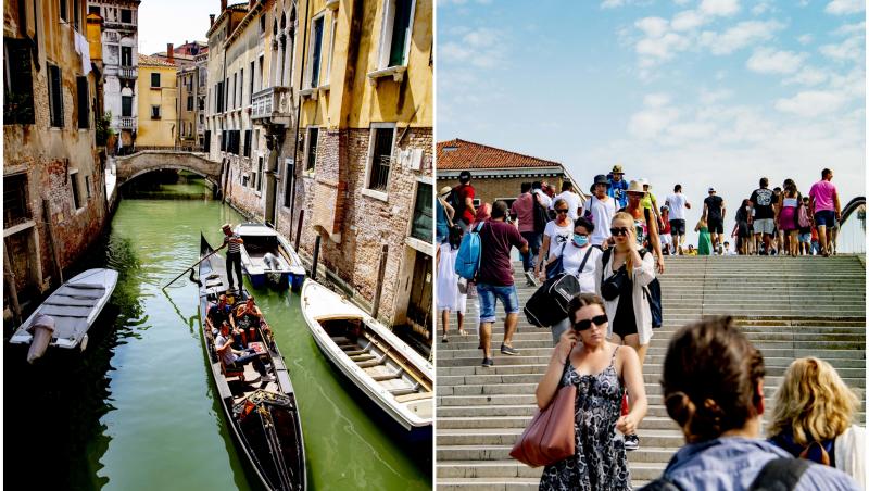 colaj foto cu un canal din centrul orasului ventia si o poza cu turisti in venetia